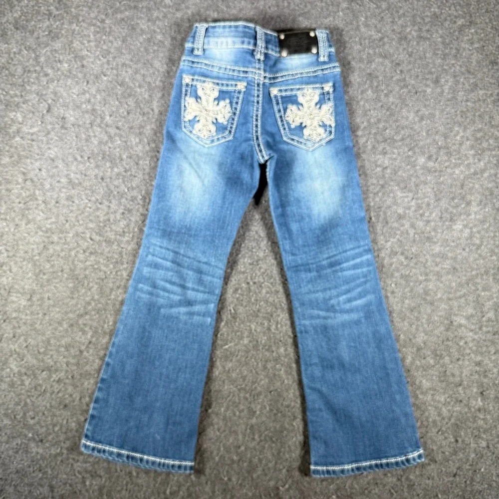 Wired Heart Girls Blue Bootcut Jeans Embroidered Cross Rhinestone Size 6